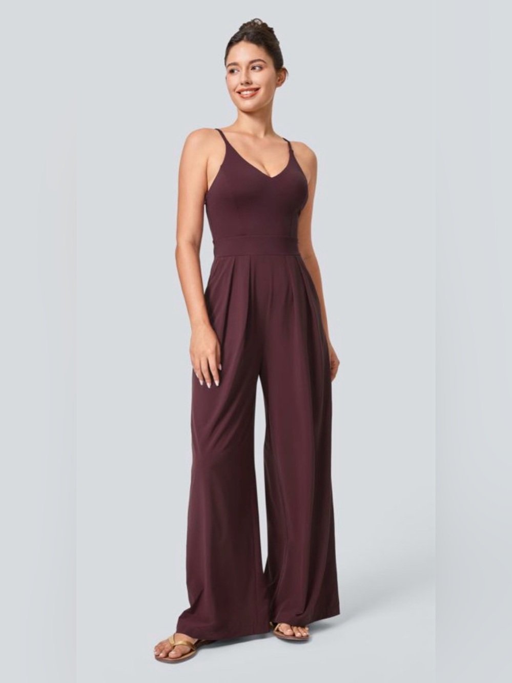 HALARA Sleeveless V-Neck Wide-Leg Jumpsuit in Plum
